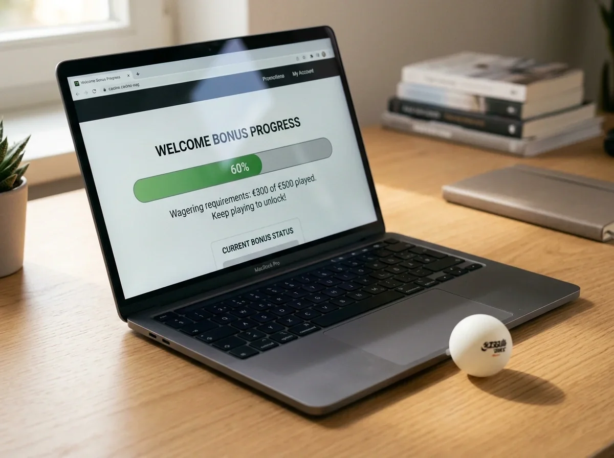 Laptop zeigt eine Fortschrittsanzeige für die Umsatzbedingung eines Willkommensbonus
