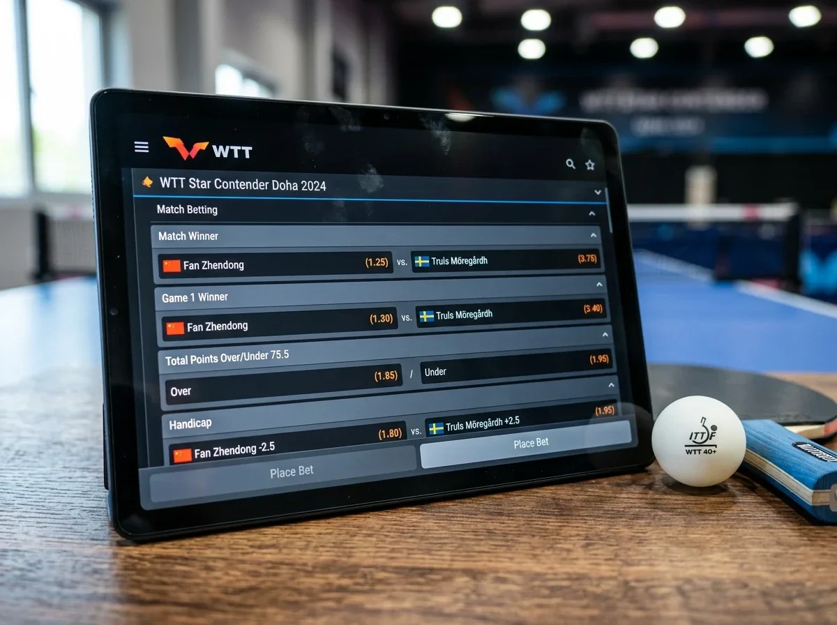 Tablet zeigt Quoten und Wettmärkte für ein WTT-Tischtennisturnier