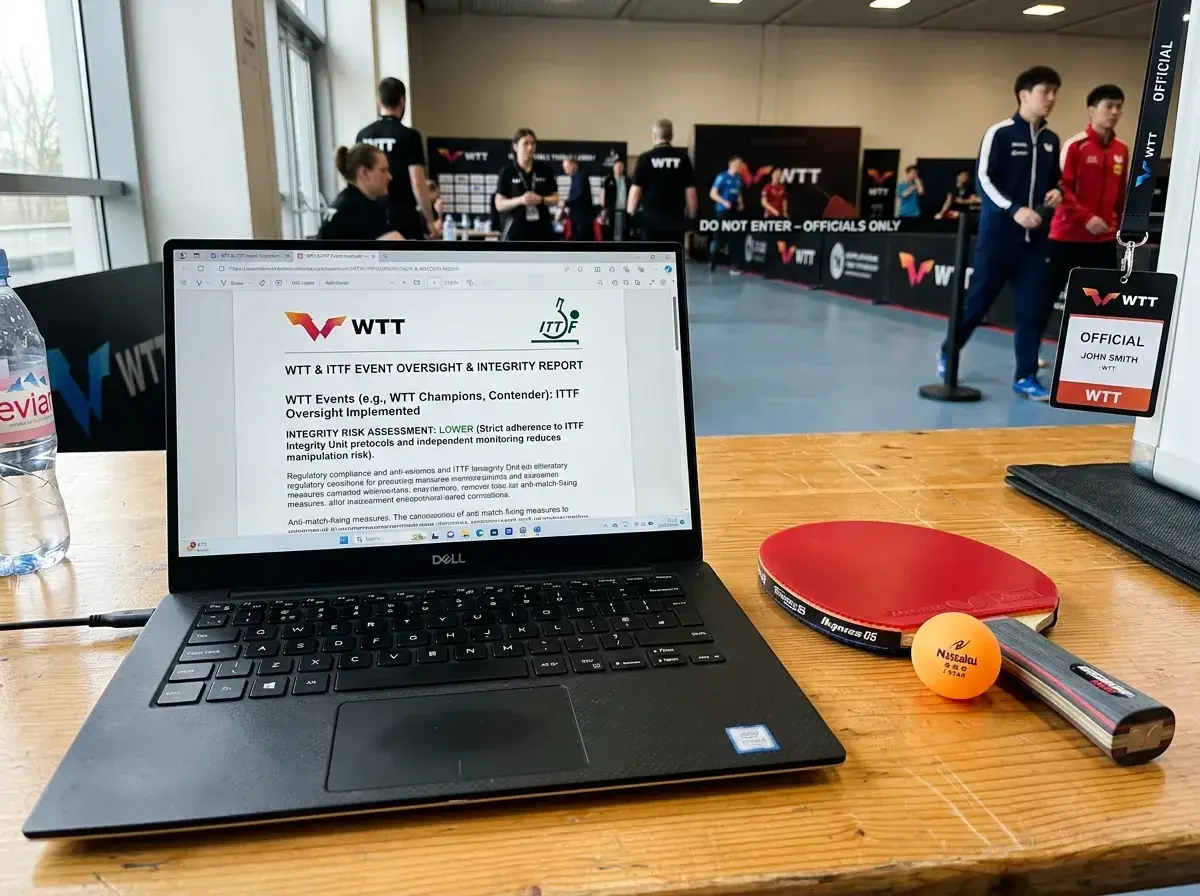 Laptop zeigt den Hinweis auf die ITTF-Aufsicht und das geringe Integritätsrisiko der WTT