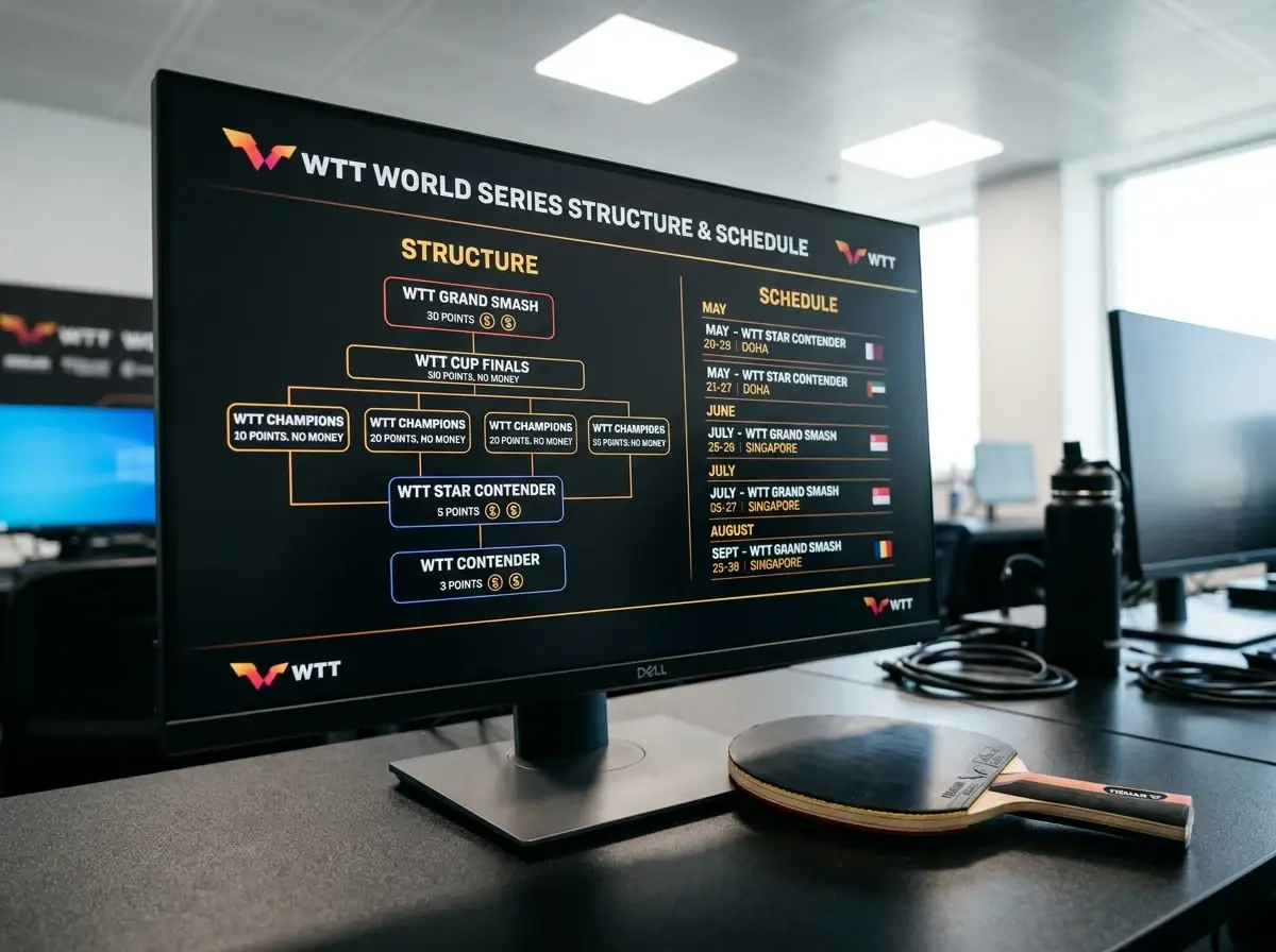 Bildschirm zeigt die Struktur und den Spielplan der WTT-Weltserie