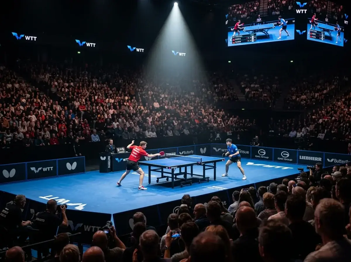 Internationale Tischtennisarena bei einem WTT-Turnier mit Publikum und blauer Platte